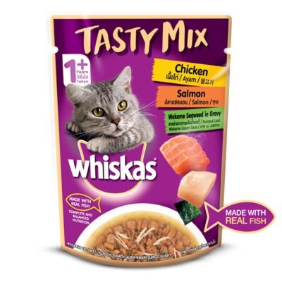 Whiskas Adult (1+ Year) Tasty Mix Wet Cat Food - Chicken, Salmon &  Wakame Seaweed In Gravy (70 G)