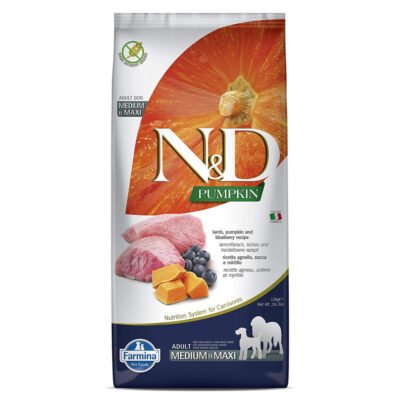 Farmina N&D Pumpkin Dry Dog Food, Grain-Free, Adult Medium & Maxi Breed, Lamb and Blueberry